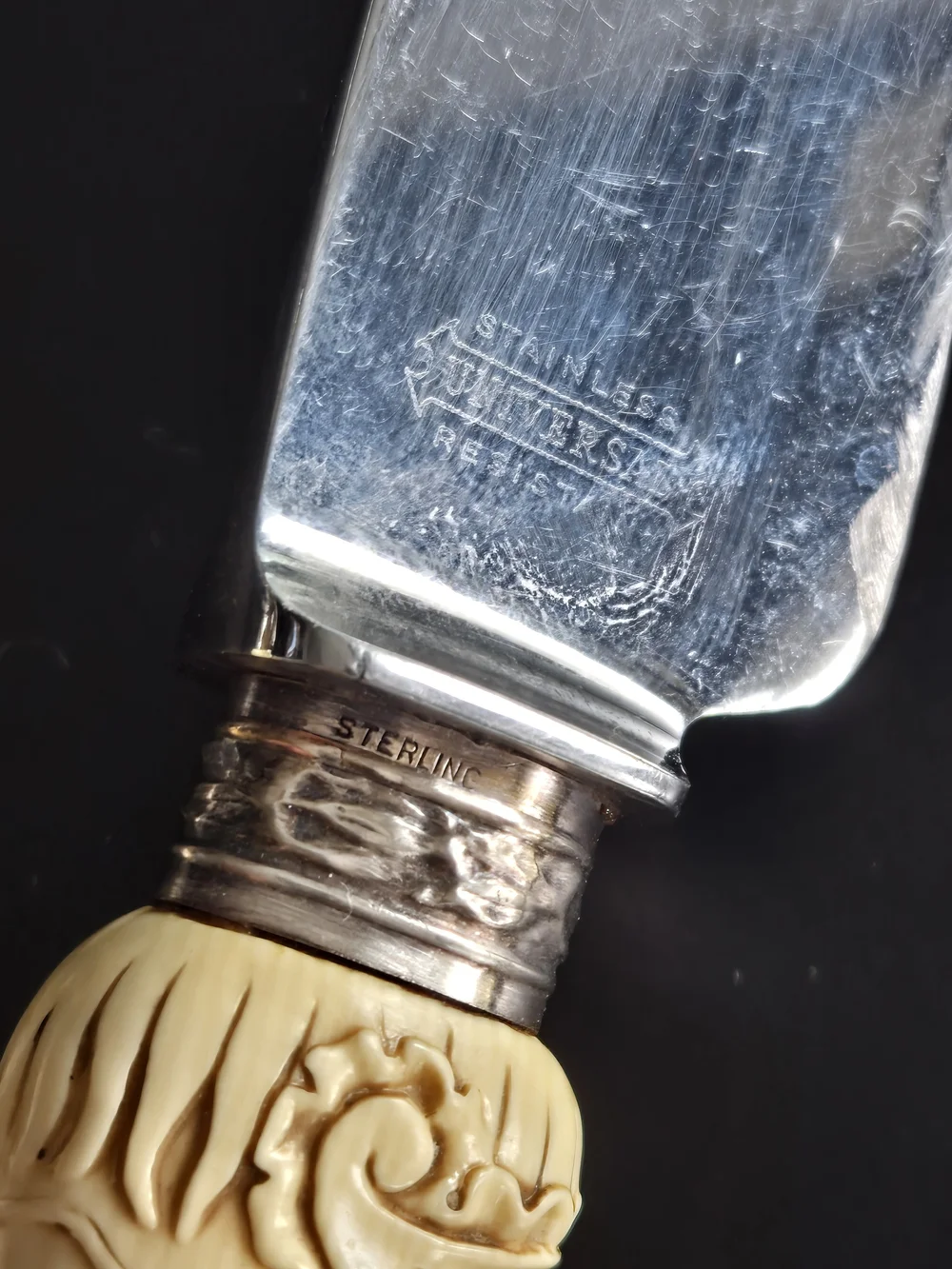 Landers Frary & Clark 3-Piece Roast Carving Set STERLING Silver Bands Celluloid